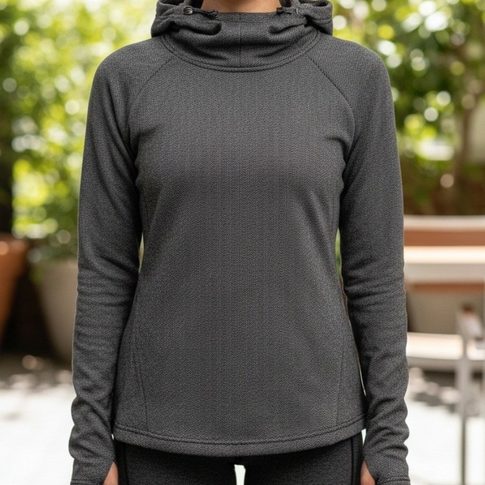 Mondetta Grey Herringbone Cowl Neck Hoodie Pullover Thumbhole Side Pocket Womens